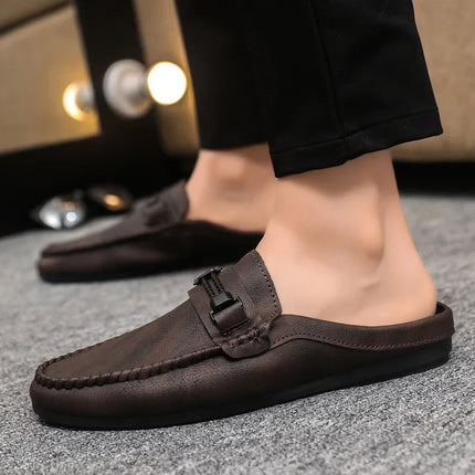 Mezze pantofole da uomo in pelle estiva Scarpe casual da uomo traspiranti Scarpe da guida pigre slip-on Comode mocassini da passeggio Mocassini