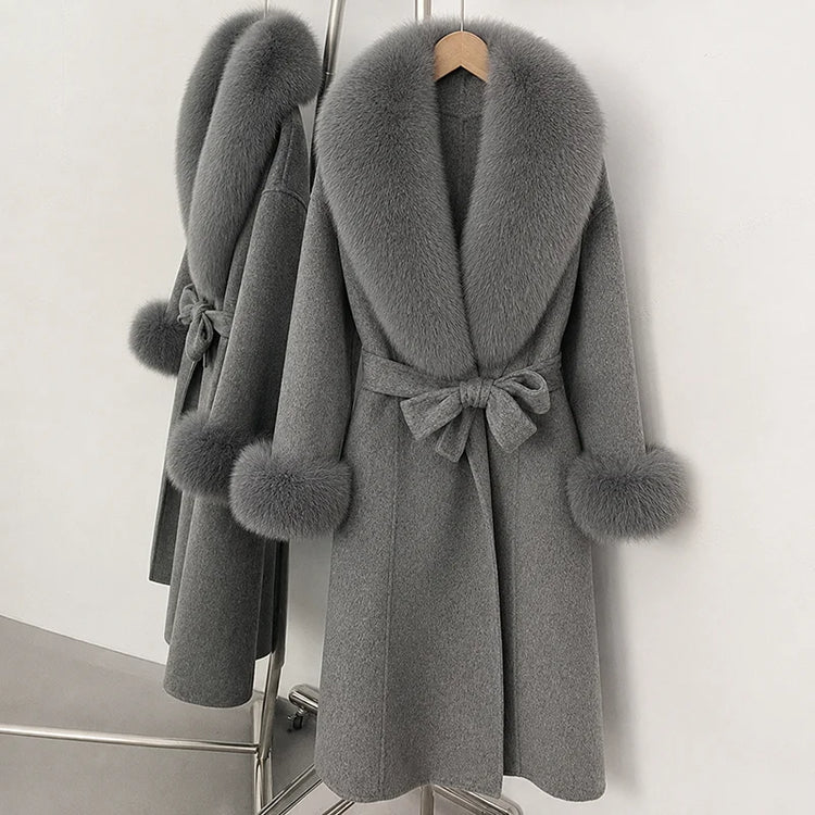 TARUXY Women Luxurious Faux Fox Fur Collar Long Jacket Elegant Solid Long-Sleeved Loose Lace Up Street Warm Coat 2026 Winter New