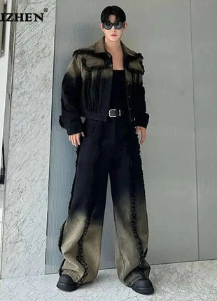 LUZHEN Denim American Sets Gradient Burr Personalized Tassel High Street Wornout Fashion Straight Jeans Retro Two Piece LZ9010 PlatiNum