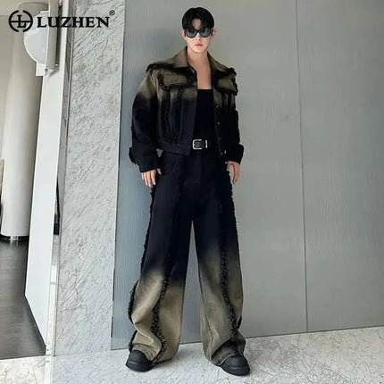 LUZHEN Denim American Sets Gradient Burr Personalized Tassel High Street Wornout Fashion Straight Jeans Retro Two Piece LZ9010 PlatiNum