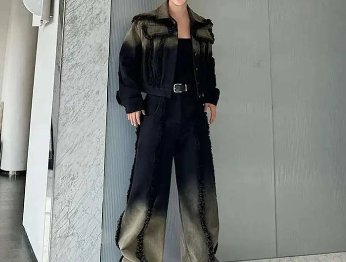 LUZHEN Denim American Sets Gradient Burr Personalized Tassel High Street Wornout Fashion Straight Jeans Retro Two Piece LZ9010 PlatiNum