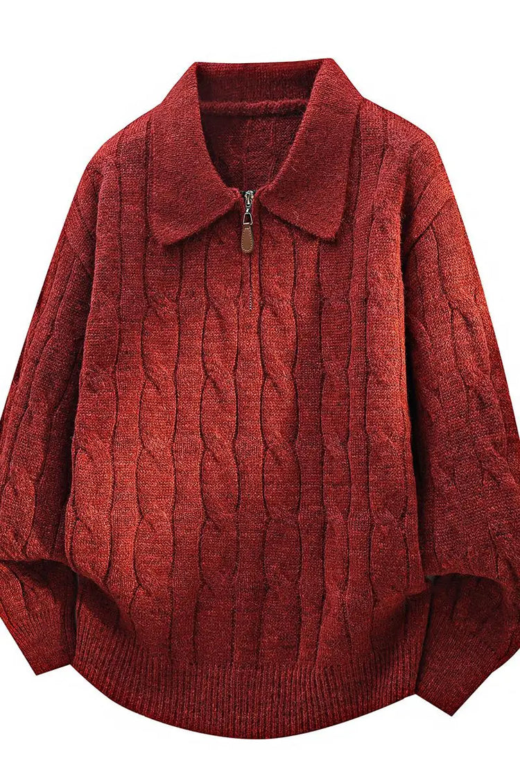 Men's  Knit Sweater Pullover Solid Color Long Sleeve Lapel zipper-Up Fall Winter Loose Warm Casual top