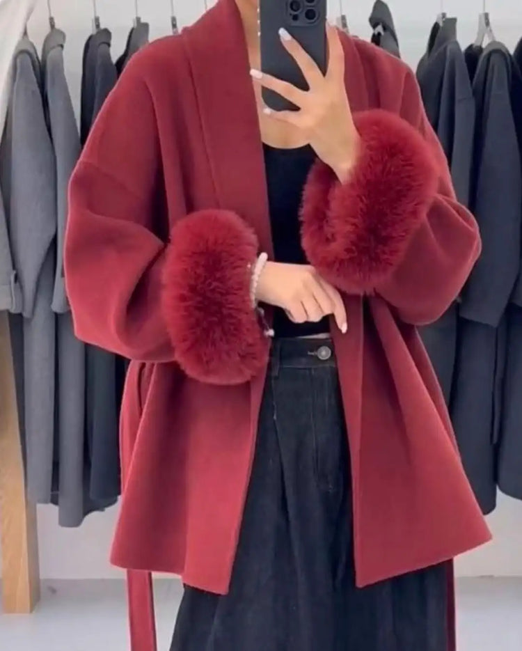Elegant Lace Up Woolen Short Coat Solid Loose Lapel Furry Long Sleeve Belt Waist Jacket 2026 Spring Autumn Lady Chic Cardigan