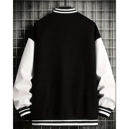 Preppy Style B-class printed baseball jacket with black and white color block sleeves and contrasting colors