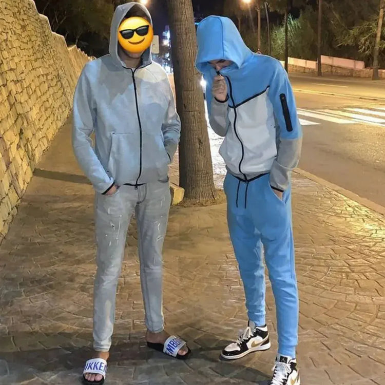 Spring and Autumn New Men's Set Western Style Outdoor Sports Casual Men's Clothing Long Sleeve Hooded Jacket Pants Suit PlatiNum