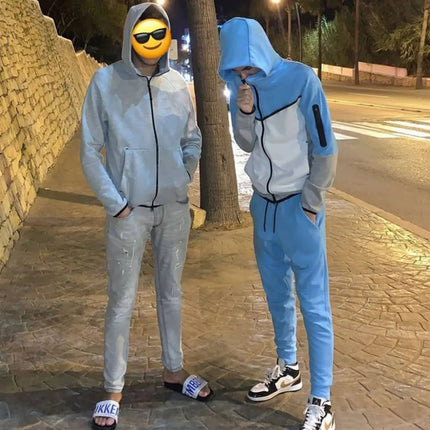 Spring and Autumn New Men's Set Western Style Outdoor Sports Casual Men's Clothing Long Sleeve Hooded Jacket Pants Suit PlatiNum