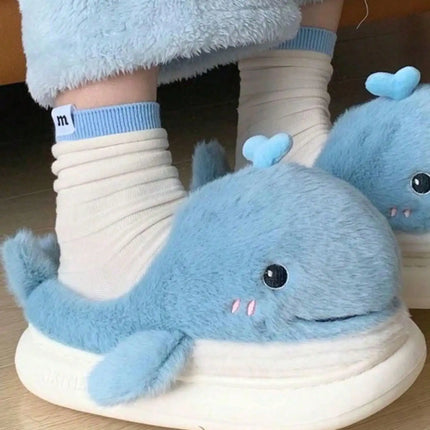 Simpatiche balene inverno nuove donne pantofola tacco morbido piattaforma pelliccia calda coperta comoda casa soffici pantofole da casa