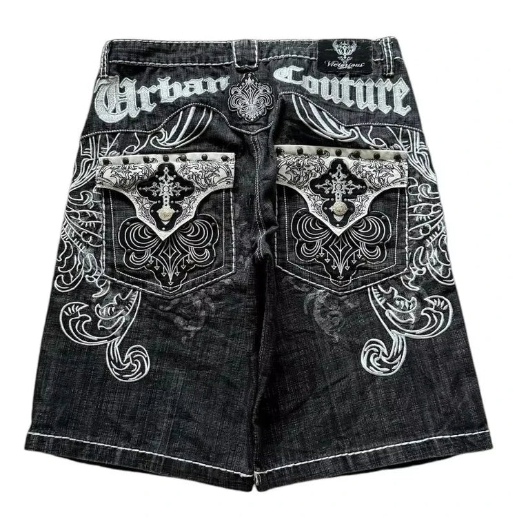 Y2K New American Fashion Pattern Letter Embroidery Baggy Denim Shorts Women Street Vintage Hip Hop Casual Shorts Women Clothing PlatiNum