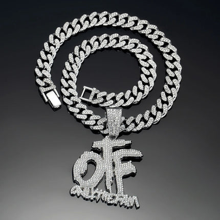Hip Hop Fashion English Letter OTF Pendant Cuban Chain Necklace,  Suitable For Daily Wear By Men And Women , Rock Party Jewelry PlatiNum