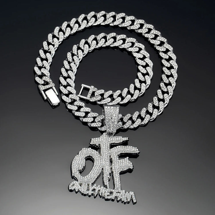 Hip Hop Fashion English Letter OTF Pendant Cuban Chain Necklace,  Suitable For Daily Wear By Men And Women , Rock Party Jewelry PlatiNum