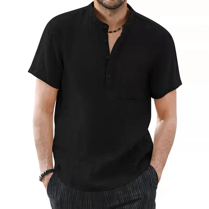 Men's Short Sleeve Cotton Linen T-shirt Casual Solid Color Men's Summer Shirt Cozy and Breathable