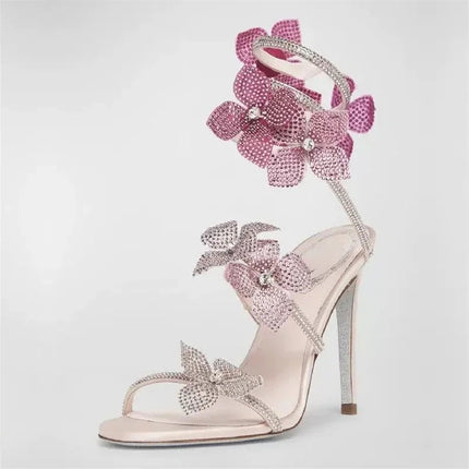 Eilyken Sexy CRYSTAL Flower Thin High Heels Women Sandals Street Style Narrow Band Ankle Strap Pole Dancing Ladies Shoes PlatiNum