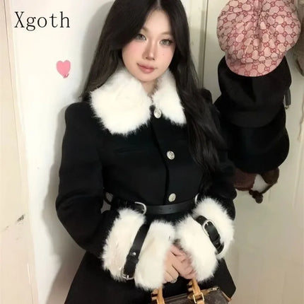 Women's Coats Advanced Sense Plush Spliced Turndown Collar Single Breasted Waist Retraction Skirt Style Woolen Coat Lady Clothes