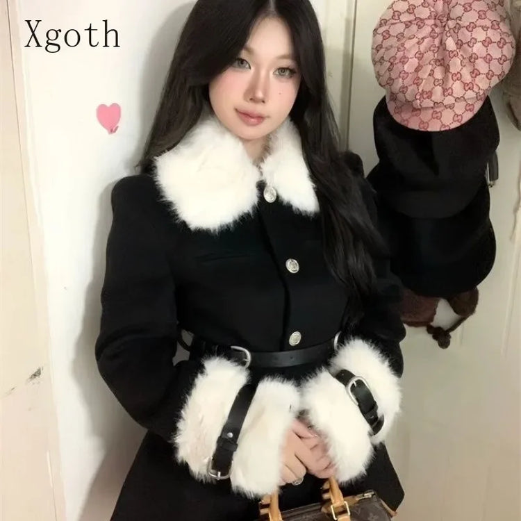 Women's Coats Advanced Sense Plush Spliced Turndown Collar Single Breasted Waist Retraction Skirt Style Woolen Coat Lady Clothes