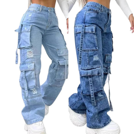 Nuovi Jeans da Donna 2026 alla Moda, Tinta Unita, Casual, Stile Workwear, in Denim, a Vita Alta, Multitasche, Vestibilità Ampia, Versatili, Taglie Forti