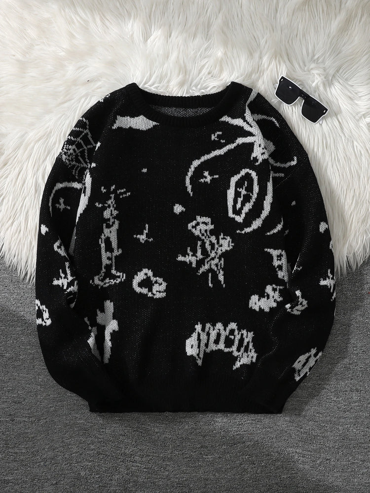 New Trendy Street Graffiti Jacquard Pattern Pullover Sweater, Casual Round-Neck Color-Block Knit Men's Pullover, Suitable for Everyday Wear, Unisex Top for Going Out, Regular Fit, Suitable for Autumn and Winter
