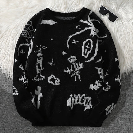 New Trendy Street Graffiti Jacquard Pattern Pullover Sweater, Casual Round-Neck Color-Block Knit Men's Pullover, Suitable for Everyday Wear, Unisex Top for Going Out, Regular Fit, Suitable for Autumn and Winter