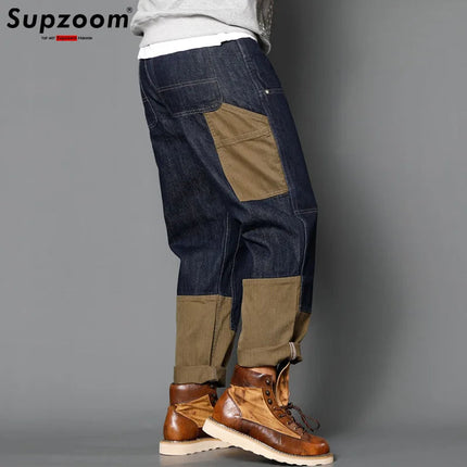 Supzoom New Arrival Hot Sale Top Fashion Autumn Zipper Fly Stonewashed Casual Patchwork Cargo Denim Pockets Cotton Jeans Men PlatiNum
