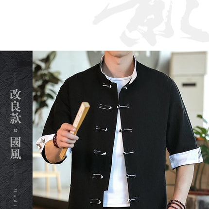 Nuovo gru ricamo top abbigliamento tradizionale cinese per uomo camicie vintage in lino a mezza manica colletto Madarin solido Hanfu Kungfu