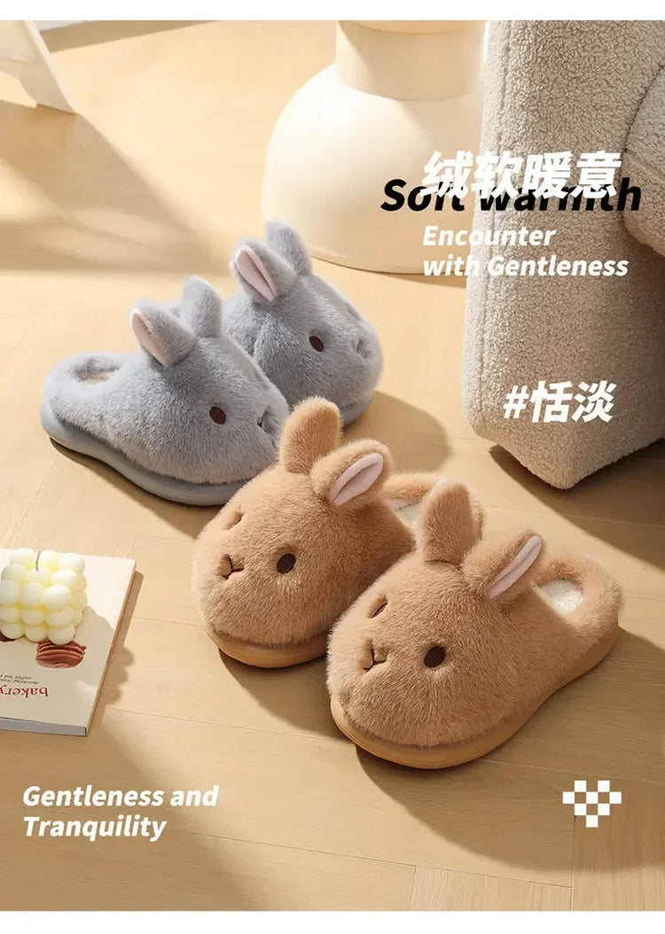 Women's Cute Rabbit Cotton Slippers Autumn and Winter Cartoon 3D Bunny with Plush Insulation, Thick Bottom, Home Plush Slippers