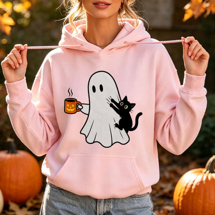 Ghost Black Cat Coffee Print Halloween Hoodie Spooky Season Graphic Pullover Women Fall Holiday Daily Wear Top Hoodies Women