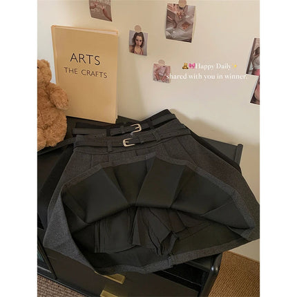 MEXZT Streetwear Woolen Mini Skirt Women Fashion Harajuku with Belt Black Pleated Skirts Fall Winter Preppy Korean A Line Faldas PlatiNum