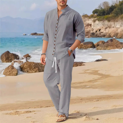Men's Retro Cotton And Linen Set, Spring And Autumn Fashion Stand-up Collar Pocket Long Pants Long-sleeved Two-piece set PlatiNum