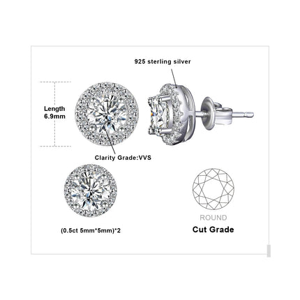JewelryPalace Moissanite D Color Total 1ct Round 925 Sterling Silver Halo Stud Earrings for Woman Yellow Gold Rose Gold Plated PlatiNum