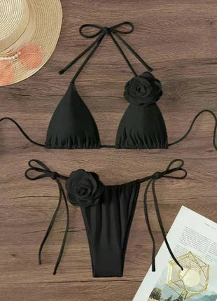 Bikini Sexy con Fiori 3D e Lacci Sulla Schiena, Costume da Bagno Femminile Due Pezzi, Set Bikini, Abbigliamento da Spiaggia, Taglie S-L PlatiNum