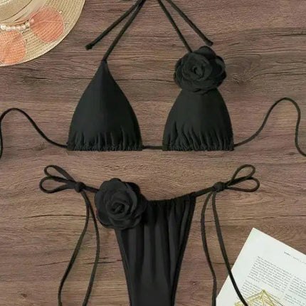 Bikini Sexy con Fiori 3D e Lacci Sulla Schiena, Costume da Bagno Femminile Due Pezzi, Set Bikini, Abbigliamento da Spiaggia, Taglie S-L PlatiNum