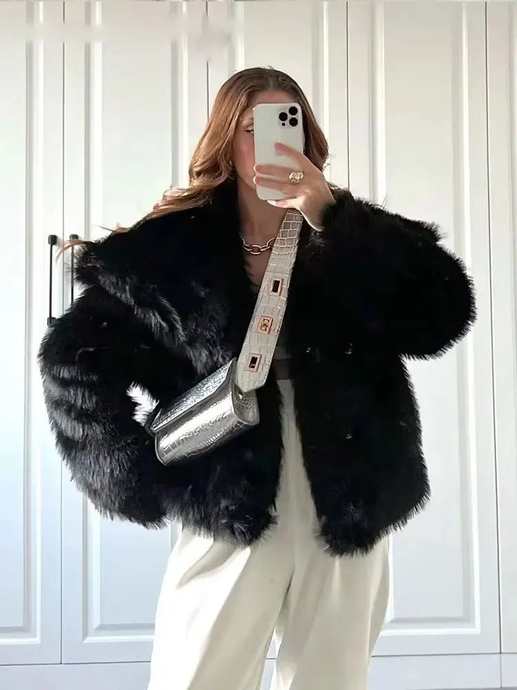 Women Elegant Faux Fur Coat Warm Fluffy Loose Long Sleeve Lapel Jacket Autumn Winter Fashion High Street Lady Outerwear