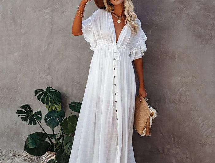 Costume da bagno donna taglie forti copricostume con scollo a V profondo costume da bagno Bikini Coverup abito lungo Kimono caftano diviso platinumshop