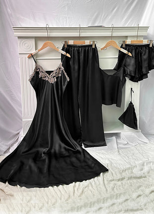 Set da notte in raso da 5 pezzi abito sottoveste in pizzo Cami Top pantaloncini con volant pantaloni da salotto pigiameria da notte da donna