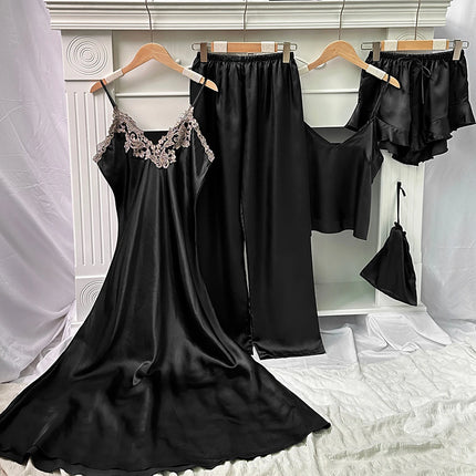 Set da notte in raso da 5 pezzi abito sottoveste in pizzo Cami Top pantaloncini con volant pantaloni da salotto pigiameria da notte da donna