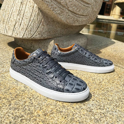 Leather Sneakers Men Calfskin Alligator Pattern Casual Shoes Lace Up Flats Daily Footwear