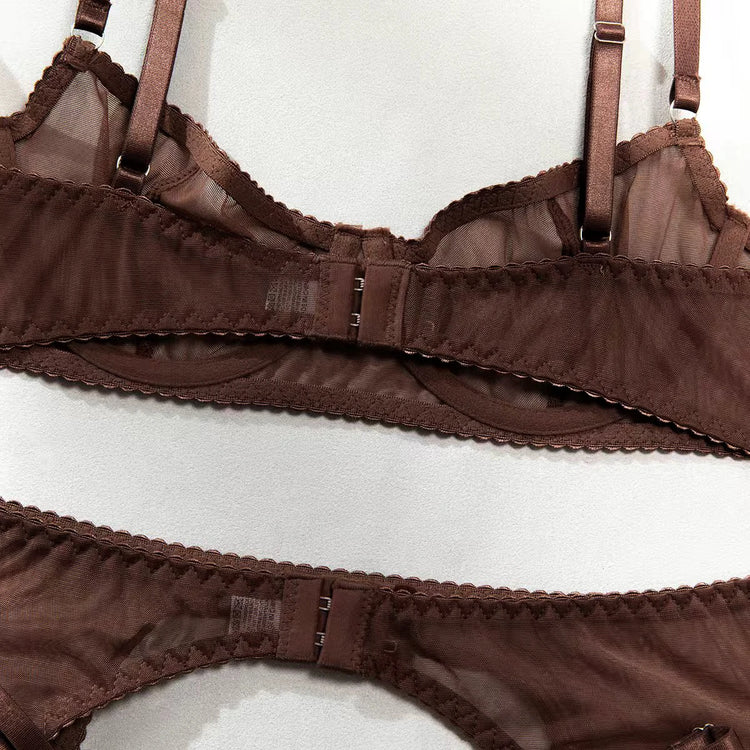 Krasapt Sexy Mesh See Through Lingerie 4 Piece Sets Woman Sheer Push Up Bras And Panties Garter Suits Erotic Intimate Outfits