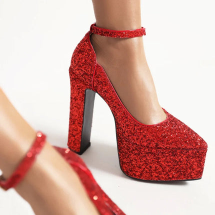 Ochanmeb Bling Bling Silver Gold Glitter Shoes Woman Ultra High Heels Platform Buckle Sequin Red Pumps Ladies Party Prom Wedding PlatiNum
