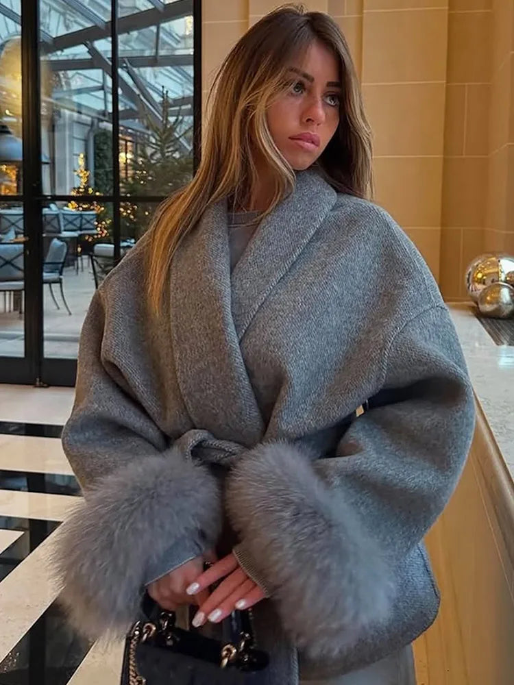 Elegant Lace Up Woolen Short Coat Solid Loose Lapel Furry Long Sleeve Belt Waist Jacket 2026 Spring Autumn Lady Chic Cardigan