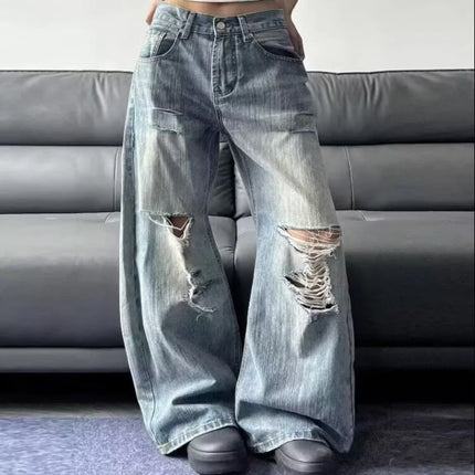 2025 Jeans blu da donna strappati a vita alta estivi American Vintage Streetwear Y2K Pantaloni a gamba larga Jean anni 2000 Pantaloni larghi in denim