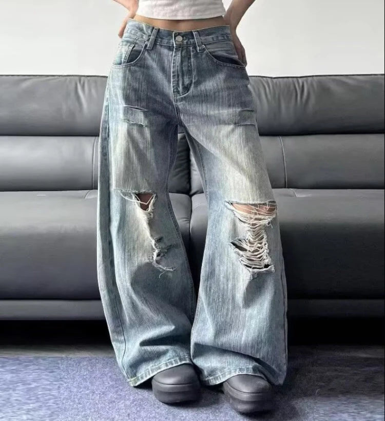 2025 Jeans blu da donna strappati a vita alta estivi American Vintage Streetwear Y2K Pantaloni a gam