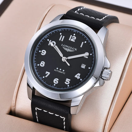 LONGLUX Men Automatic Watch Vintage Pilot Business Classic Military Mechanical Watches Date Waterproof Luminous Leather Gift
