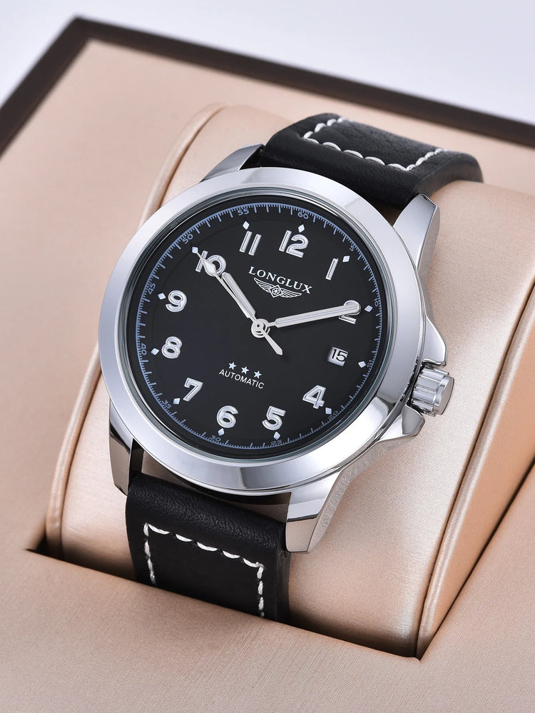 LONGLUX Men Automatic Watch Vintage Pilot Business Classic Military Mechanical Watches Date Waterproof Luminous Leather Gift