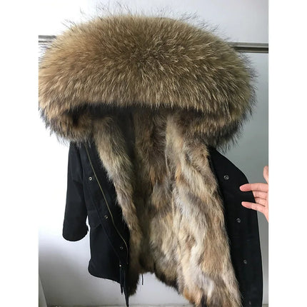 Maomaokong Natural Fur Lining Real Fur Coat Winter Jacket Women Raccoon Fur Collar Warm Thick Parkas Female Clothing