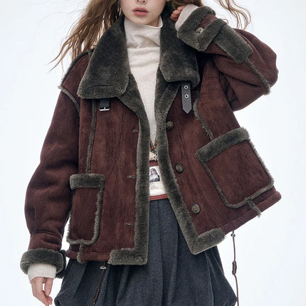 ELFSACK Women's Vintage Suede Plush Winter Coat 2025, Loose Turn-Down Collar Blend Jacket, Casual Versatile Outerwear