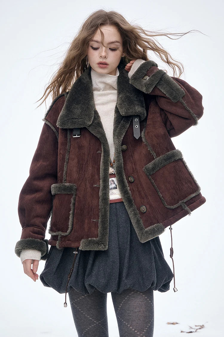 ELFSACK Women's Vintage Suede Plush Winter Coat 2025, Loose Turn-Down Collar Blend Jacket, Casual Versatile Outerwear