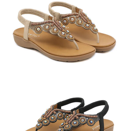 New 2026 Women's Summer Bohemian Style Sandals, Flip-Flop Design with Beaded and Rhinestone Buckle, Elastic Heel Strap, Comfortable Everyday Shoes