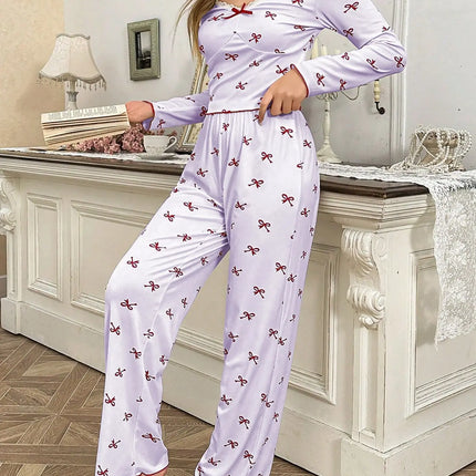 Primavera e autunno nuovi indumenti da notte da donna con fiocco a farfalla a maniche lunghe set stampato elastico da donna casual comodi vestiti per la casa