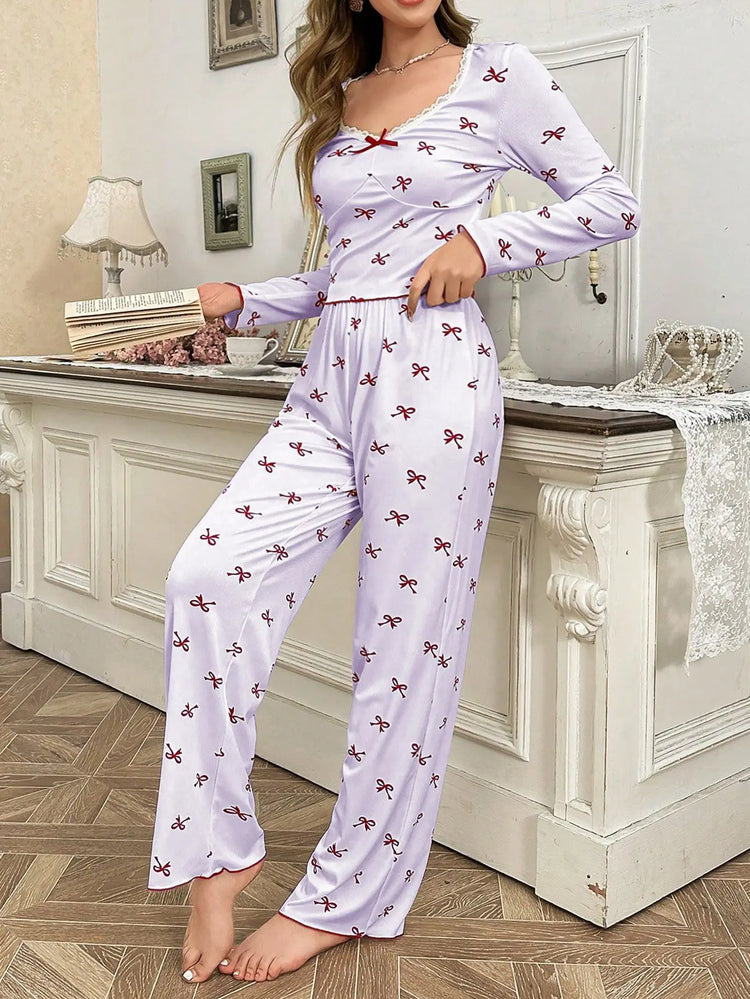 Primavera e autunno nuovi indumenti da notte da donna con fiocco a farfalla a maniche lunghe set stampato elastico da donna casual comodi vestiti per la casa