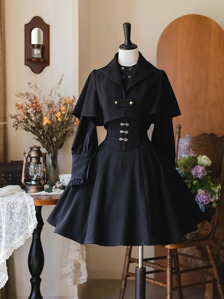 Autumn Japanese Gothic Y2k 3 Piece Set Women Elegant Long Sleeve Shirt Shawl Coat Slim Strap Dresses Korean Female Dark Outfits