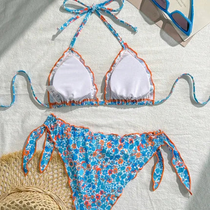 Nuovo Set Bikini Donna Estivo con Stampa Floreale Arancione, Halter con Volant, Push-Up e Perizoma con Laccetti Laterali PlatiNum